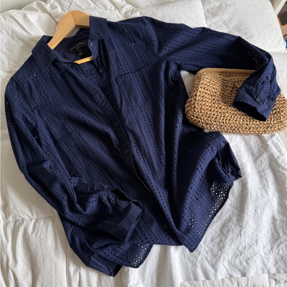 Banana Republic Navy Eyelet Blouse, M
